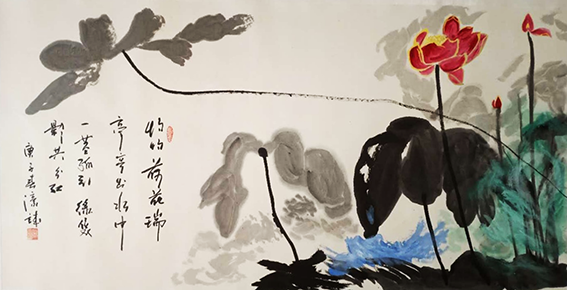 左濠诚作品9《灼灼荷花瑞 亭亭出水中 一茎孤引绿 双影共分红》